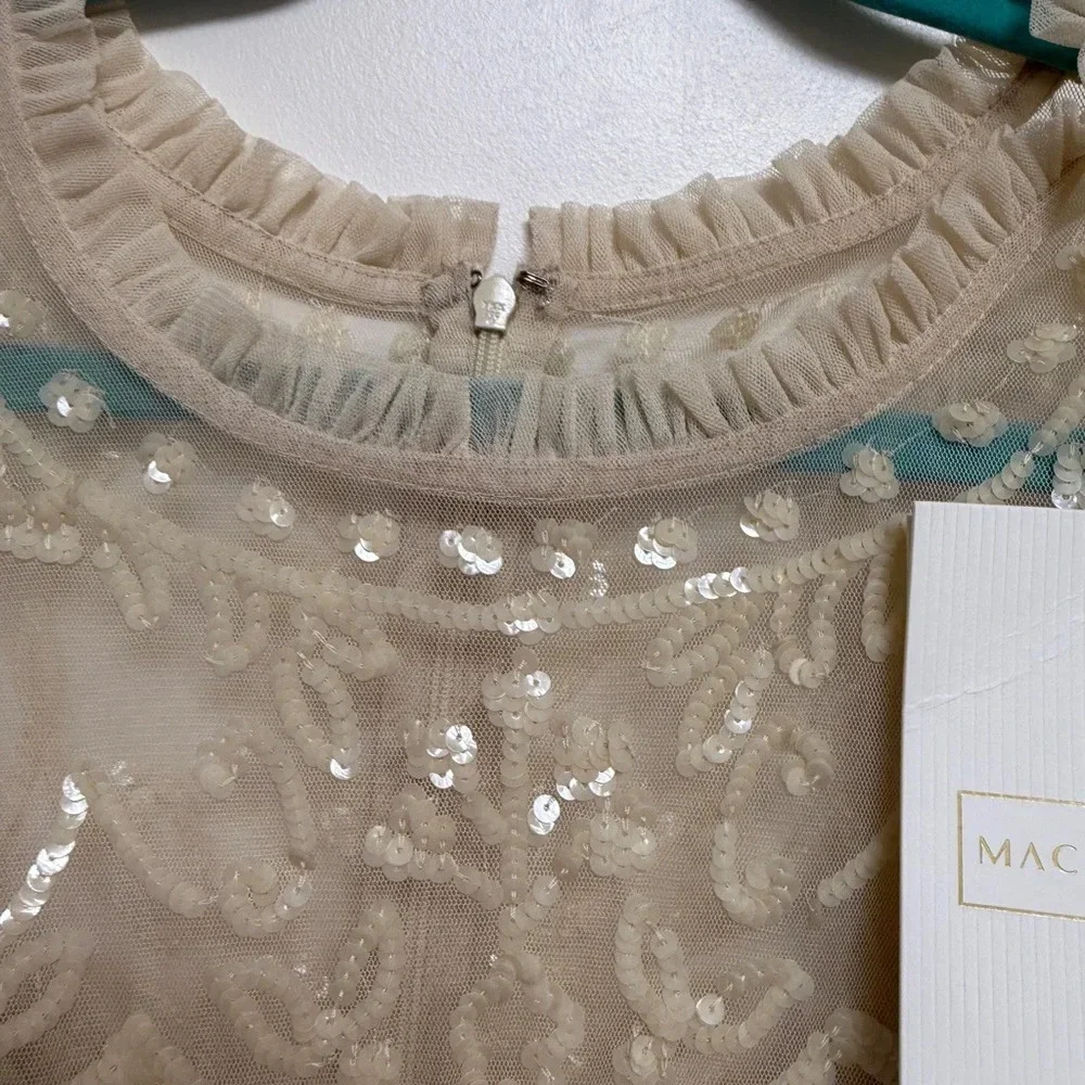 NWT | Mac Duggal Nude Sequined High Neck Long Sleeve Midi Dress Size 16 - Picture 8 of 13